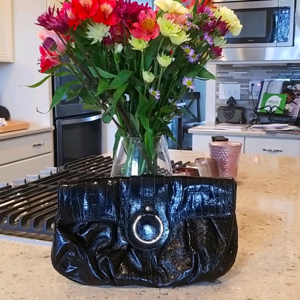 Black Patent Clutch with Silver Ring Accent